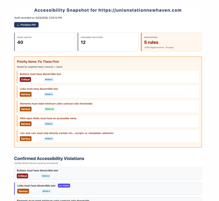 Screenshot of a sample accessibility audit highlighting priority issues and confirmed violations for a 40-page website